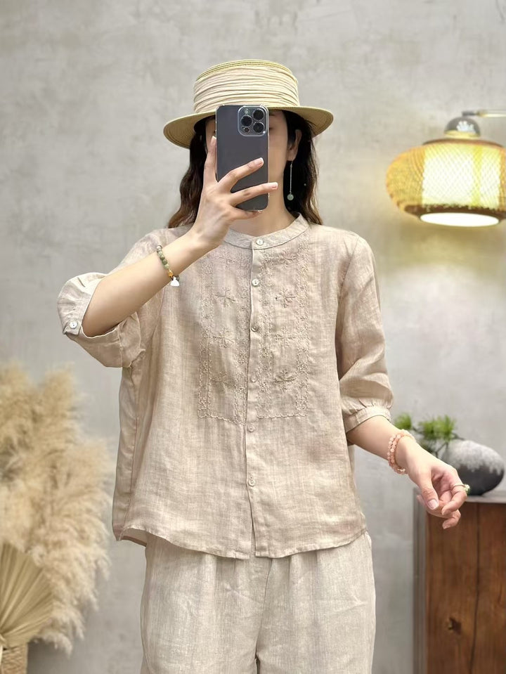 Femme Broderet Linned Knap-Op-Bluse Stilla