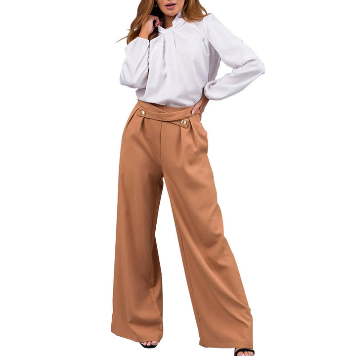 Dame Elegant Bluse med høj halskrave og brede bukser Stilla