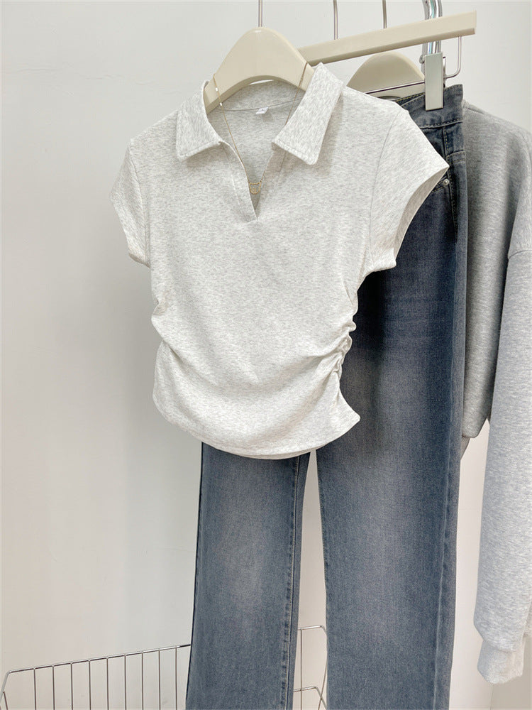 Femme Cropped Polo Stil Top med sidelæns rynkning 詳細 Stilla