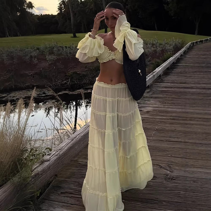 Dame luftig maxikjole med dekorativt flæsedesign og off-shoulder snit Skovae