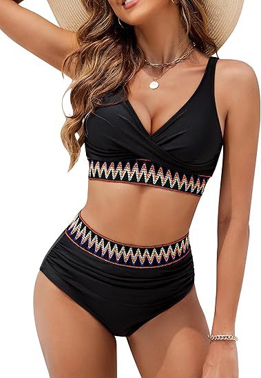 Dame Højskåret Bikini med elegant Wrap-top og farverigt bånd Stilla