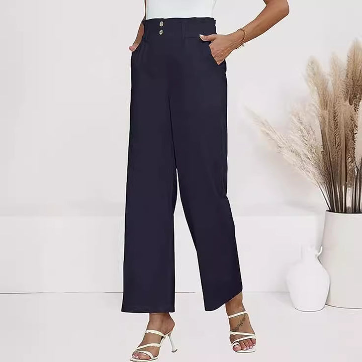 Dame bred stofbukser med elastisk talje og fashionable knapdetaljer Skovae