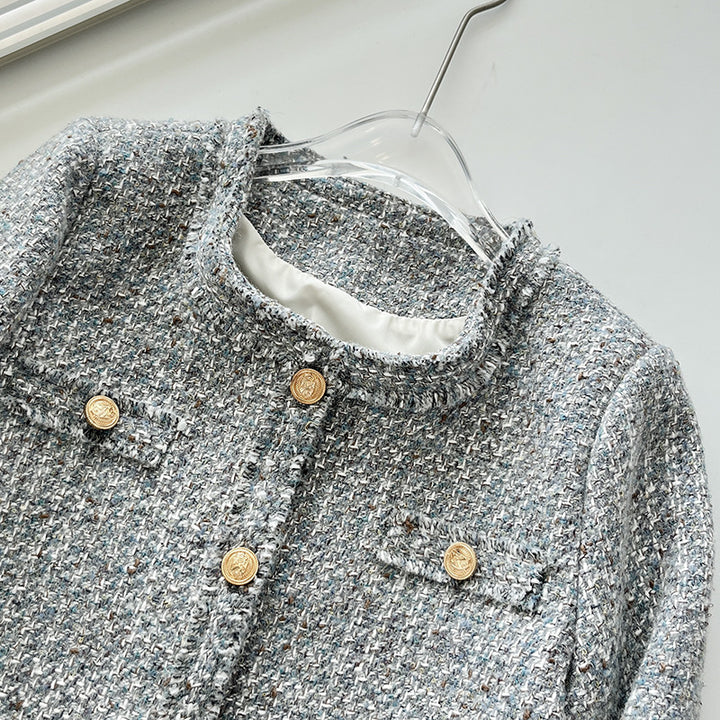 Dame tweedjakke med elegant krave og gyldne knapper Stilla