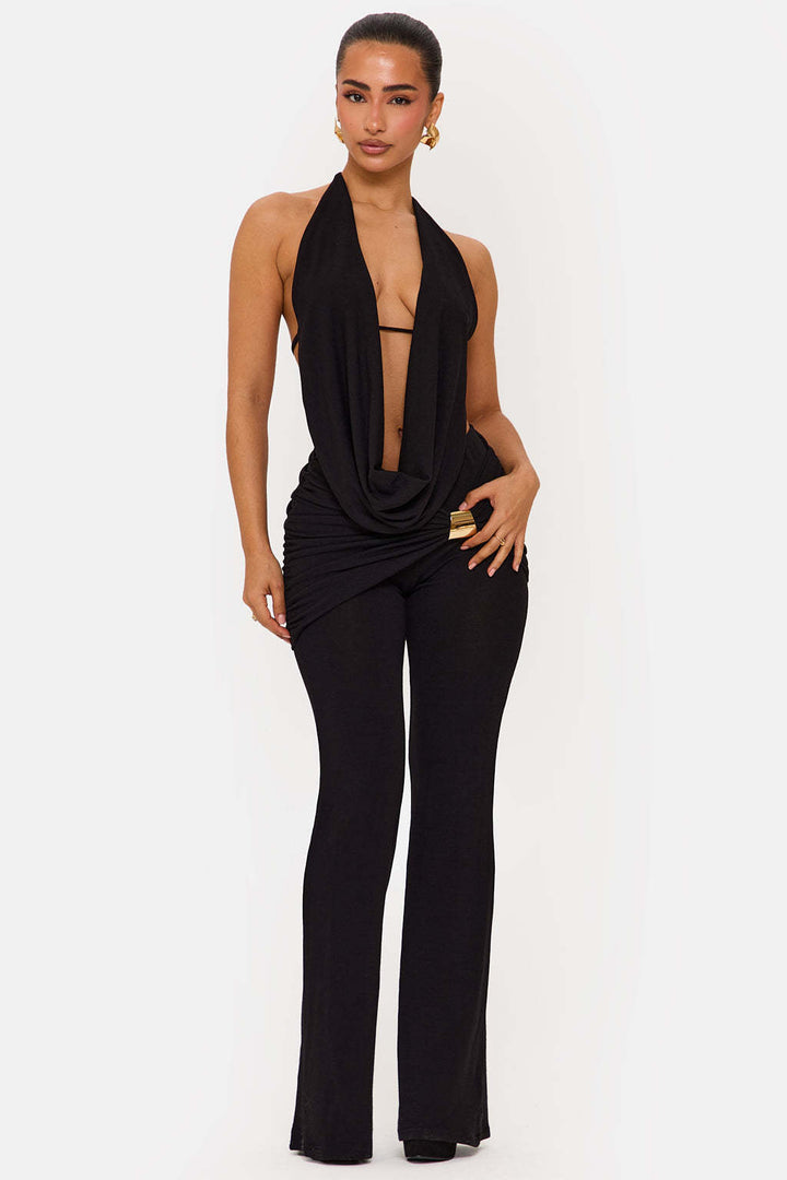 Dame Elegant jumpsuit med dobbelt krave og trendy rynkning Skovae