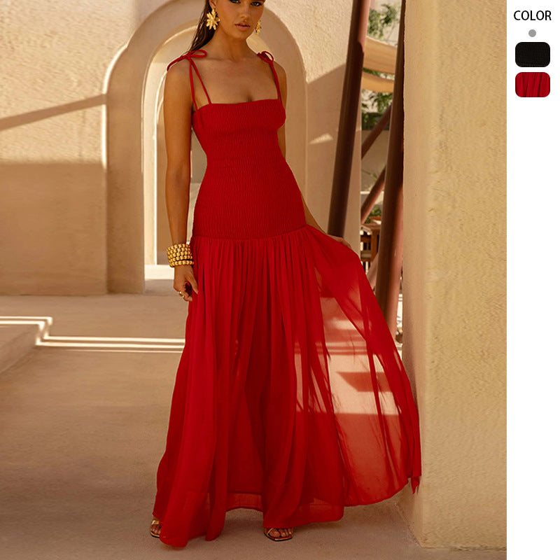 Dame maxi kjole med elegant, samlet top og flydende nederdel Skovae