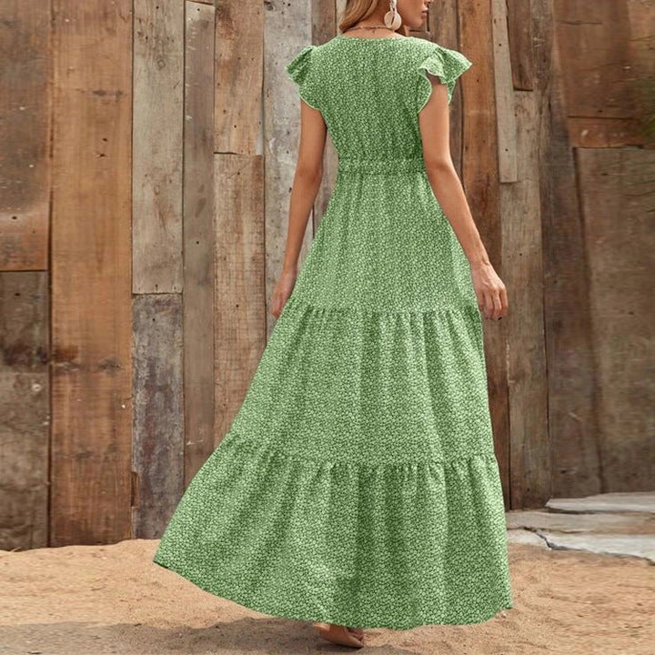 Stilla | Ruffle Sleeve Høj Talje V-hals Maxi Kjole