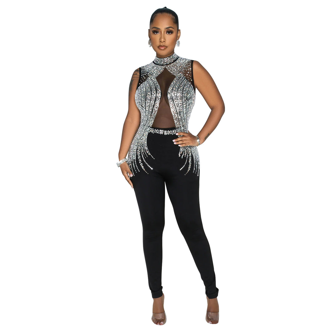 Dame elegant Bodycon jumpsuit med transparente indsatser og strass dekorerede detaljer Stilla