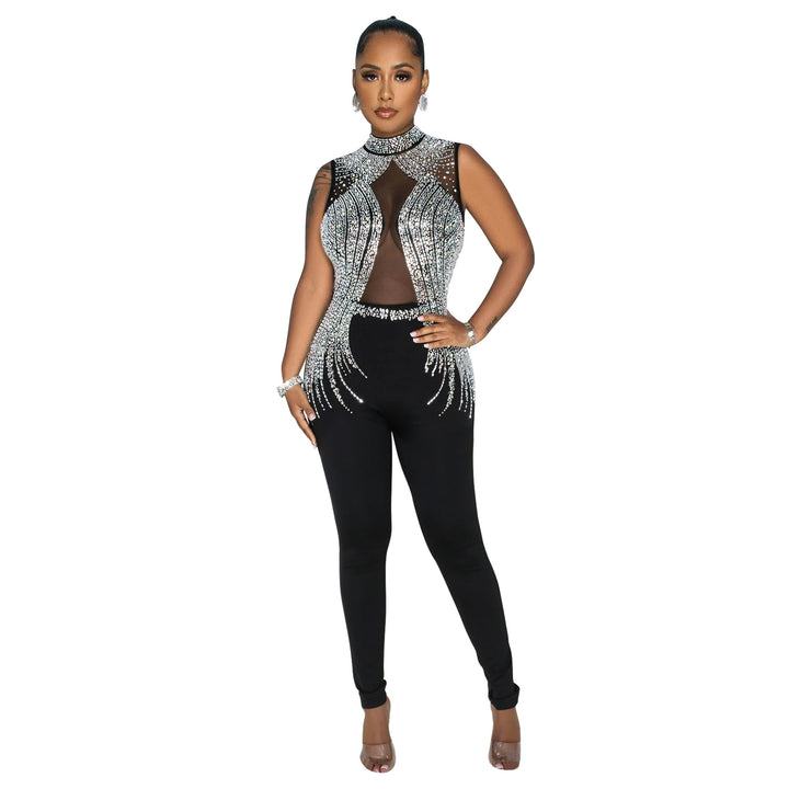 Dame elegant Bodycon jumpsuit med transparente indsatser og strass dekorerede detaljer Stilla