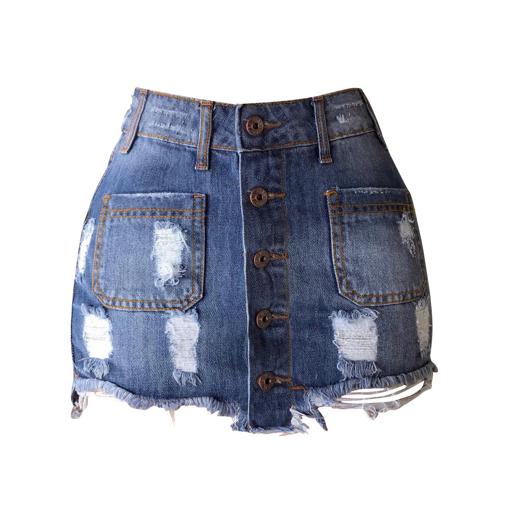 Dame Denim-Cargo-Nederdel med knapdetaljer og moderne destroyed-elementer Stilla