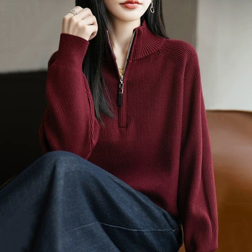 Damer fashionable sweater med høj krave og lynlås Stilla