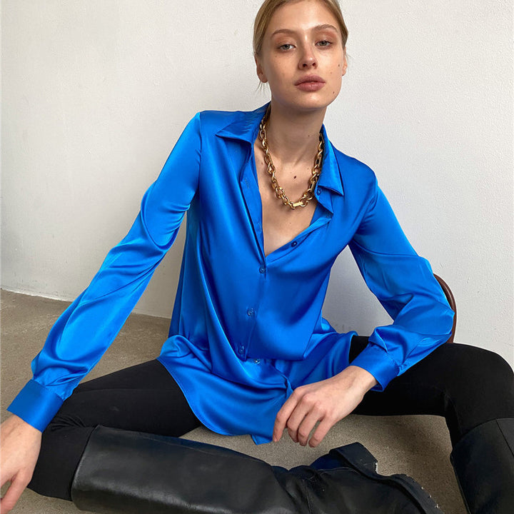 Dame Elegant Silke Bluse med Knappet Placket Stilla