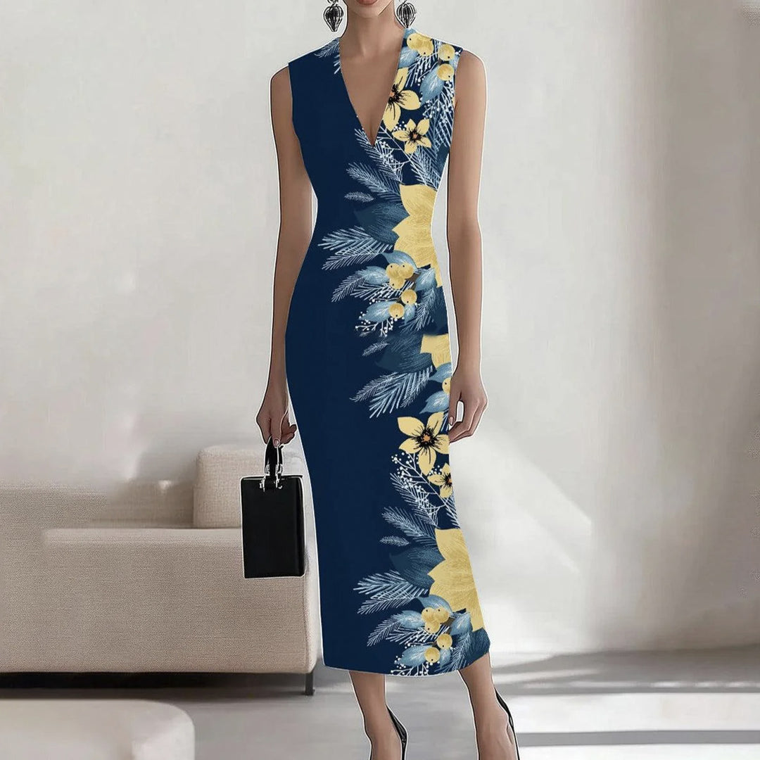 Dame V-Udskæring Ærmeløs Blomster Bodycon Kjole Stilla