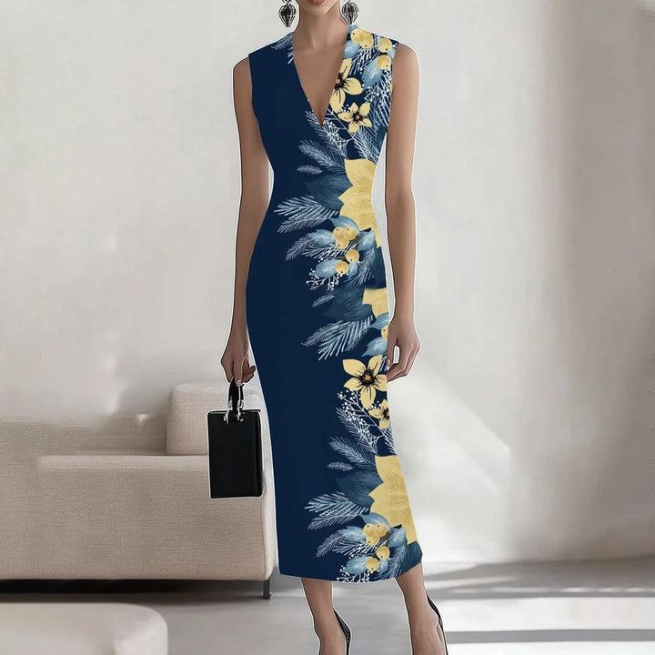 Dame V-Udskæring Ærmeløs Blomster Bodycon Kjole Stilla