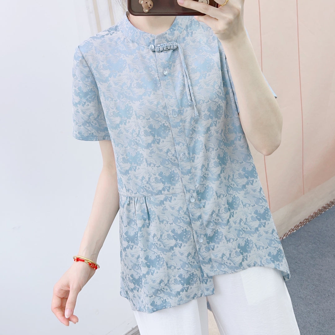 Dame Elegant Kortærmet Bluse med Blomsterprint og Fashionable Snit Stilla