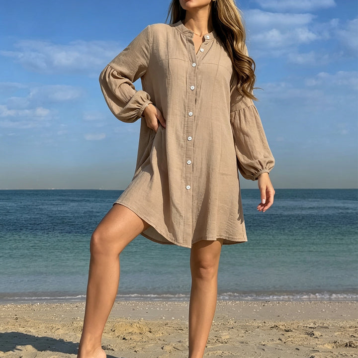 Dame casual strandkjole med knaplukning og ballonformede ærmer Skovae