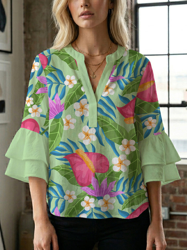 Damebluse med voluminøse flæseærmer og blomstermønster Skovae
