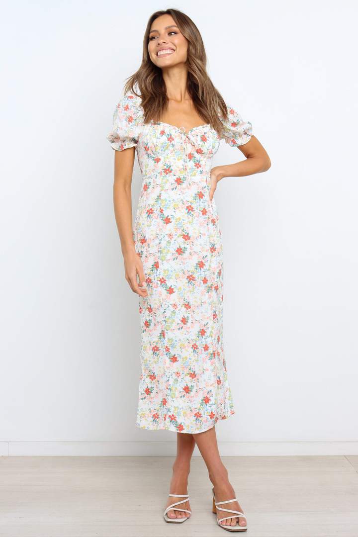 Dame Floral Midi Kjole med Puffærmedetalje Stilla