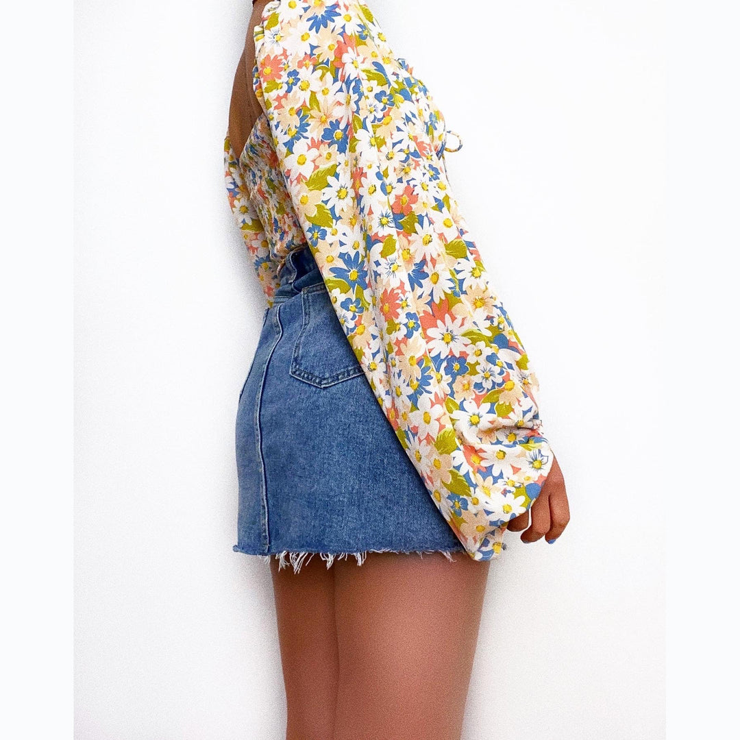 Kvinders bluse med puffærmer og blomsterprint Skovae