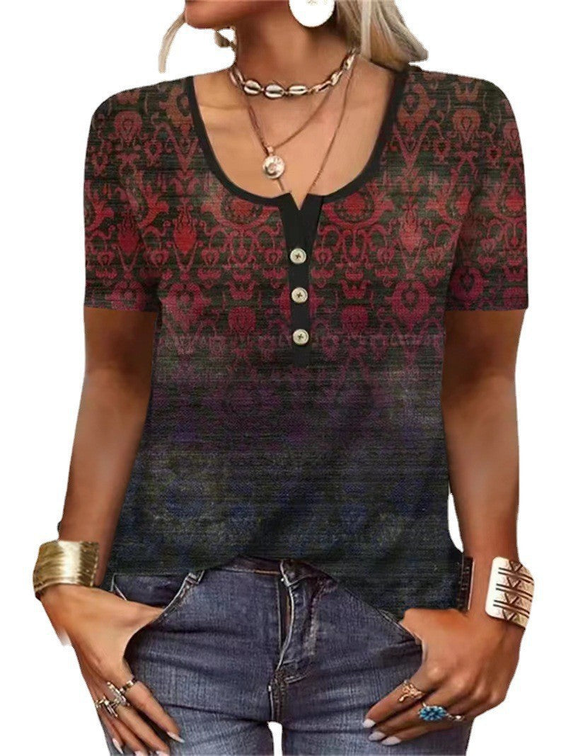 Dame Chic Henley-inspireret Grafik T-shirt Stilla