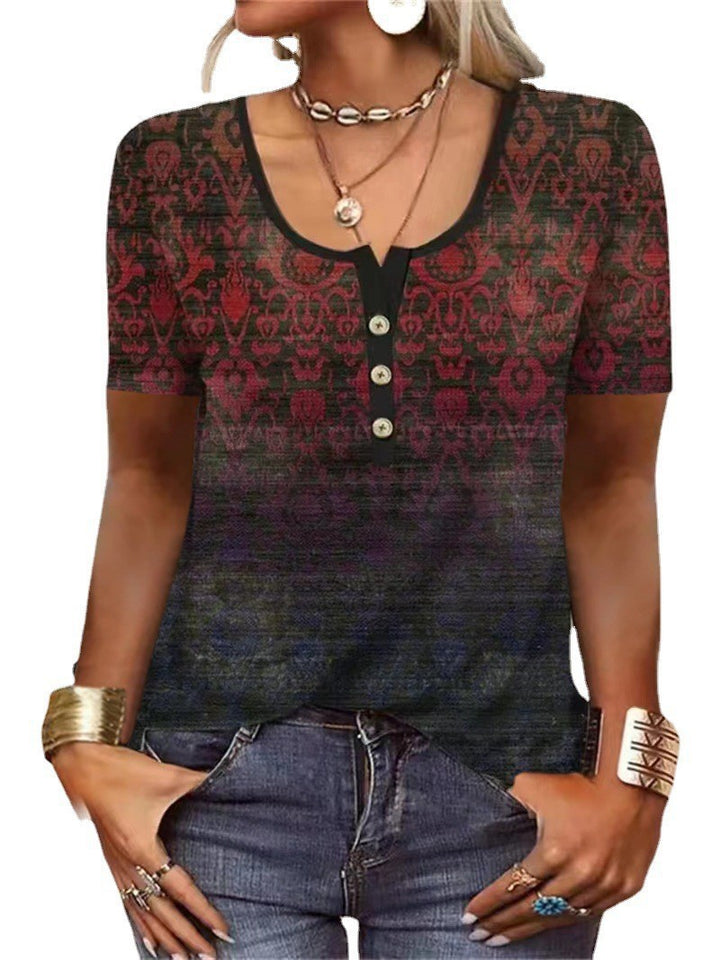 Dame Chic Henley-inspireret Grafik T-shirt Stilla