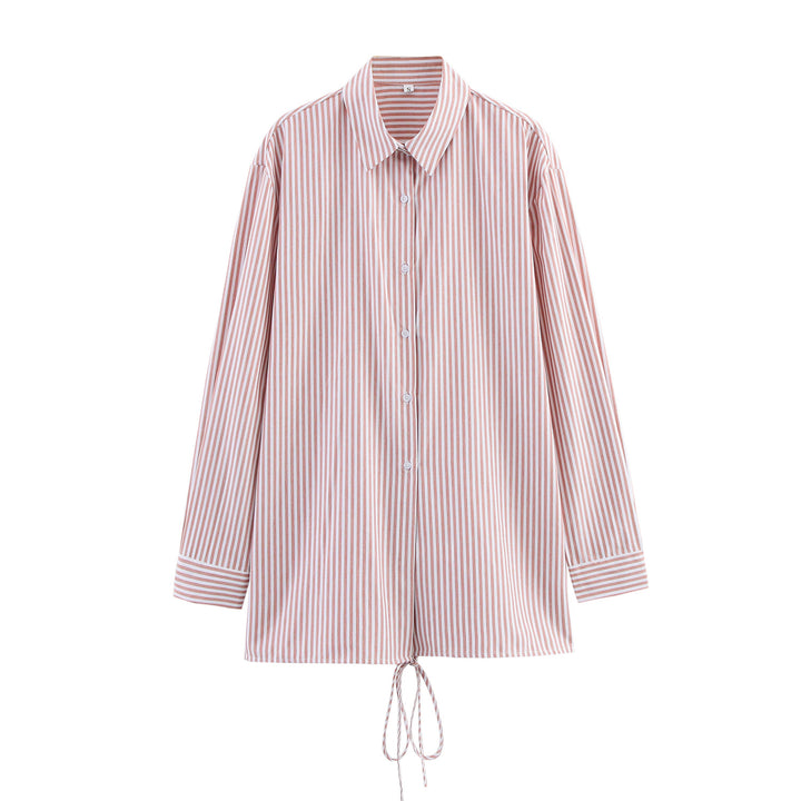 Femme Let Stribet Button-Up Skjorte med Justerbar Snøre Stilla