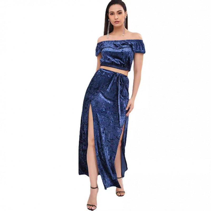 Dame Off-Shoulder Samt To-Delt Sæt Stilla