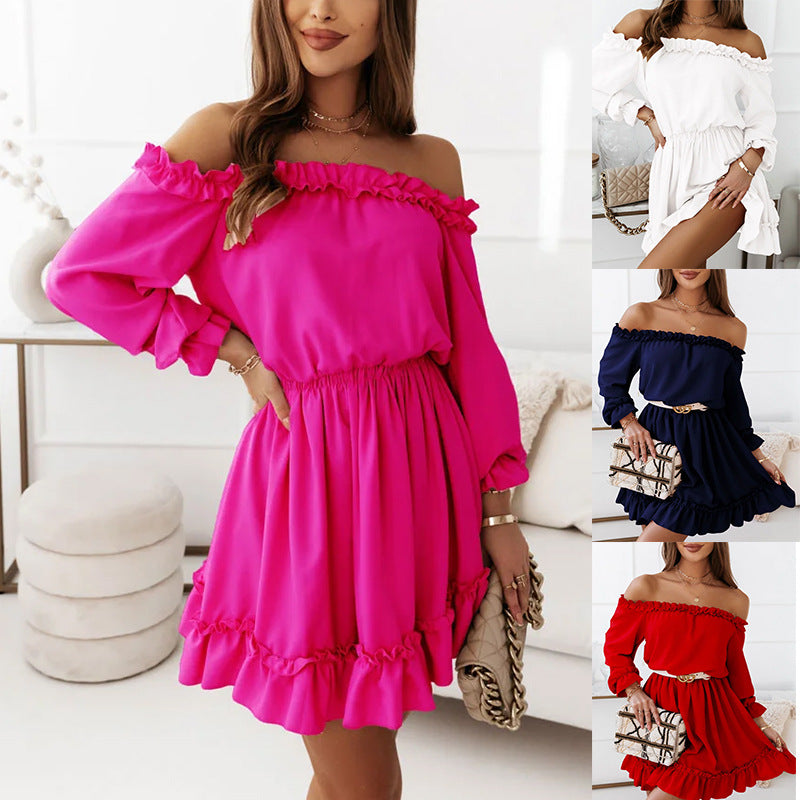 Dame Off-Shoulder Kjole med Ruffle-detaljer og elastisk Bånd Stilla