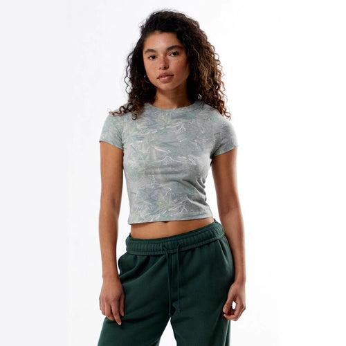Dame kortærmet crop top i åndbart materiale med blomsterprint Skovae