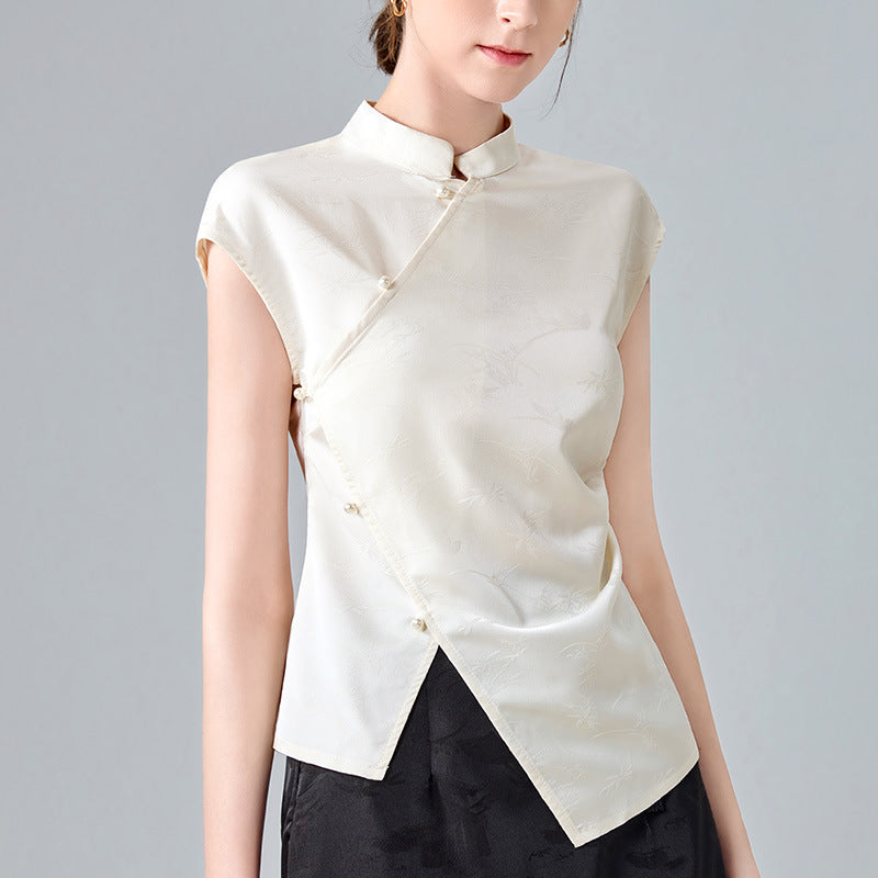 Dame Elegant Silke bluse i stilfuld Kinesisk snit med delikate knapdetaljer Stilla