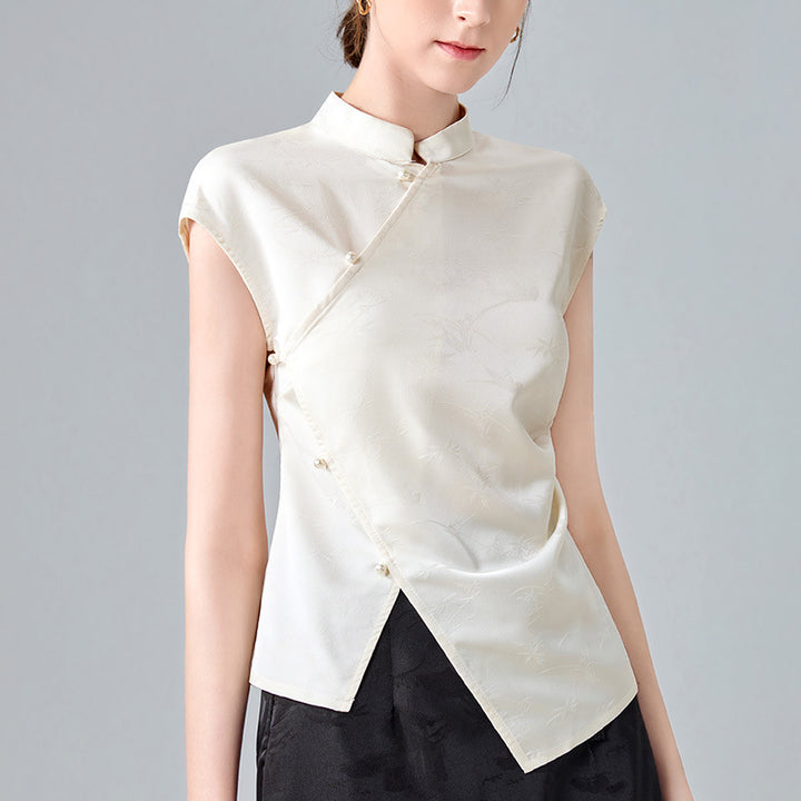 Dame Elegant Silke bluse i stilfuld Kinesisk snit med delikate knapdetaljer Stilla