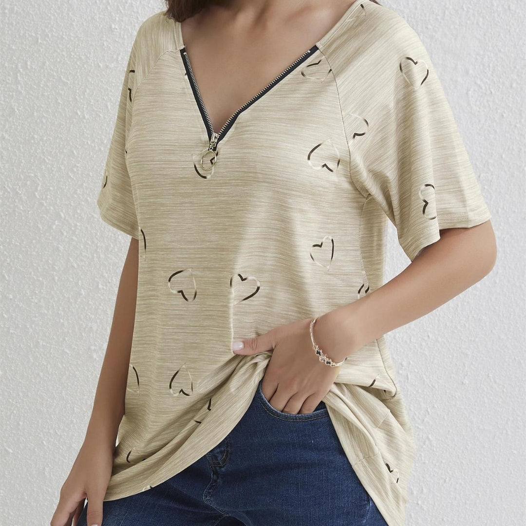 Dame moderne oversized T-shirt med halvtransparent hjerte design og moderne lynlås Stilla