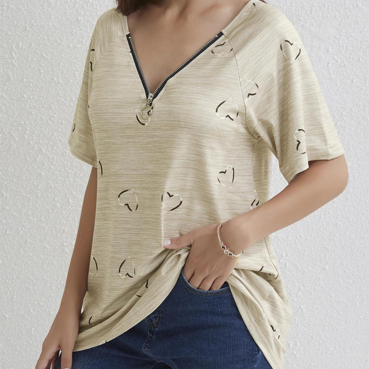 Dame moderne oversized T-shirt med halvtransparent hjerte design og moderne lynlås Stilla
