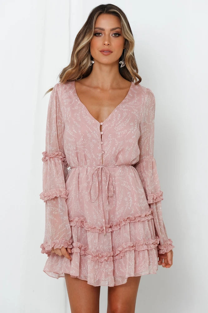 Women's ruffled dress with long, transparent sleeve and tie belt Skovae