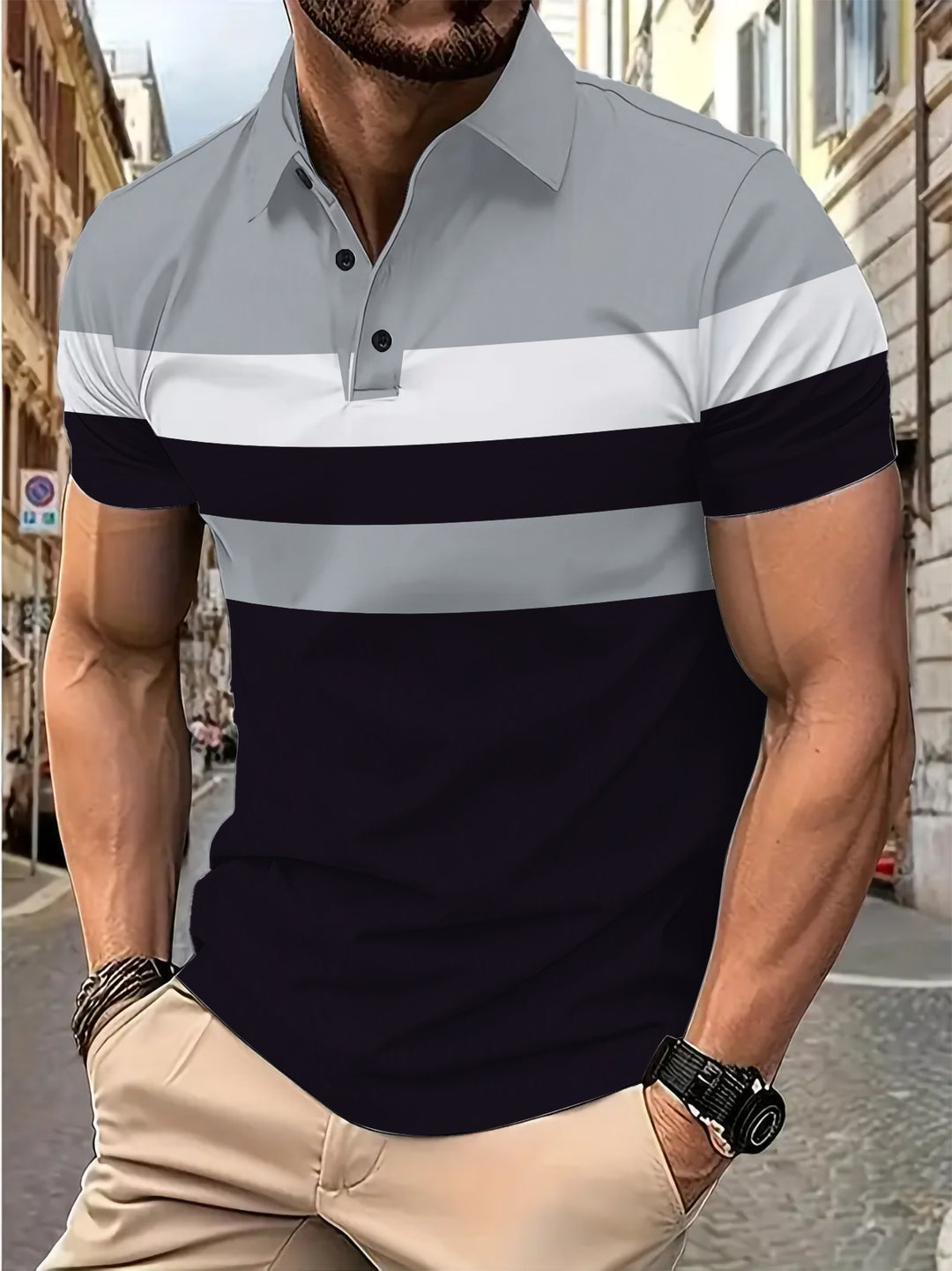 Herrer Poloshirt med moderne, flerfarvet stribemønster og åndbare egenskaber Stilla
