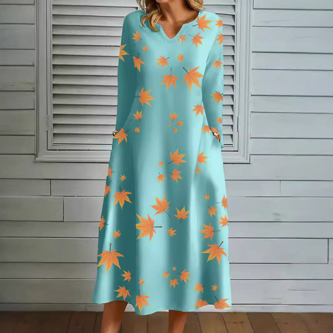 Dame Elegante Maxikjole med efterårsblade motiver og V-udskæring Stilla
