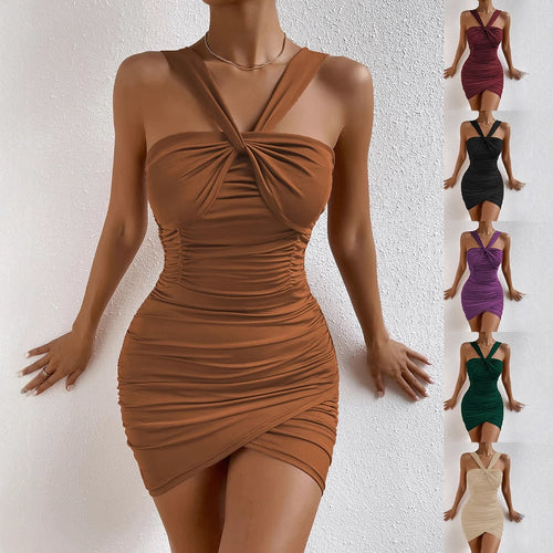 Dame Raffung Bodycon Mini Kjole med Halter Udsnit Stilla