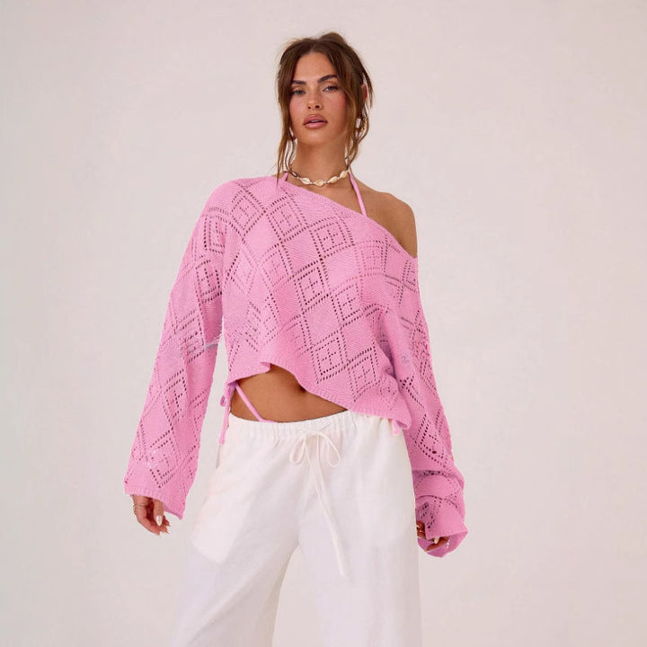 Dame luftig strikpullover med asymmetrisk design og fint mønster Stilla