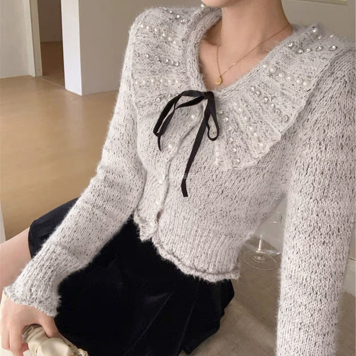 Damer Elegant Strik Top med Ruflet Krave og Dekorative Perler Stilla