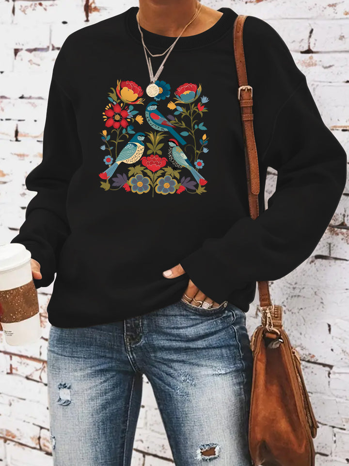 Kvinders sweatshirt med blomsterfuglemotiv og afslappet skæring Stilla