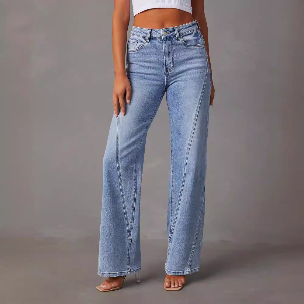 Dame bred denim jeans med høj talje og moderne syninger Stilla