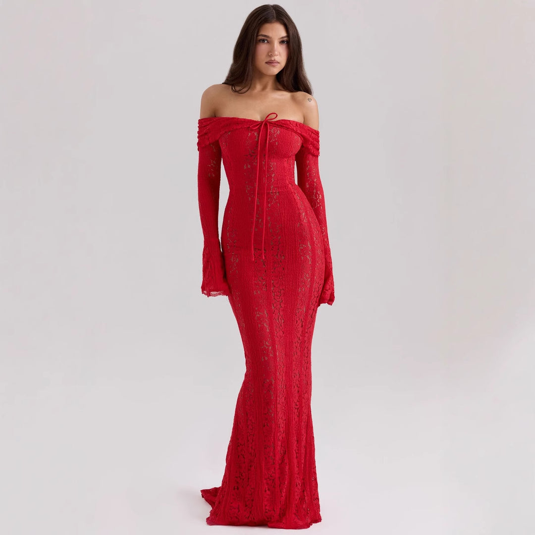 Damer Elegant Blondekjole i tætsiddende snit med Off-Shoulder Design Skovae
