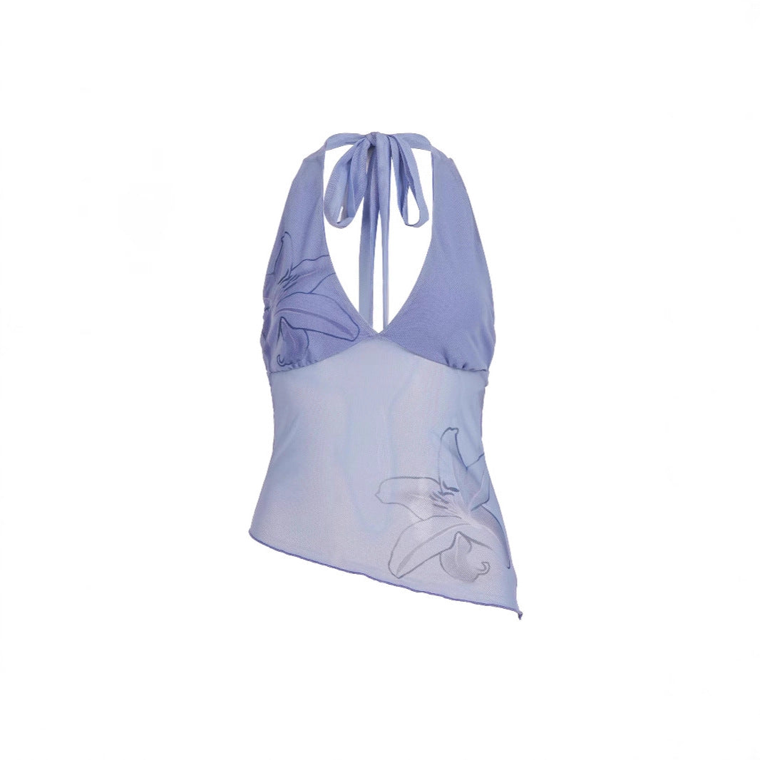 Dame Halterneck top med blomsterdesign og asymmetrisk snit Skovae