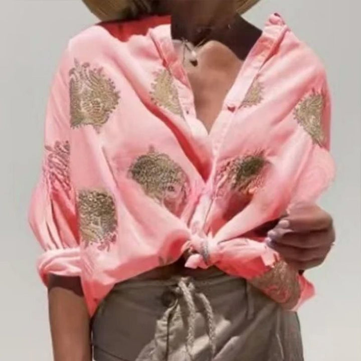 Dame Løs Bluse med Knapliste og legende Broderi Stilla
