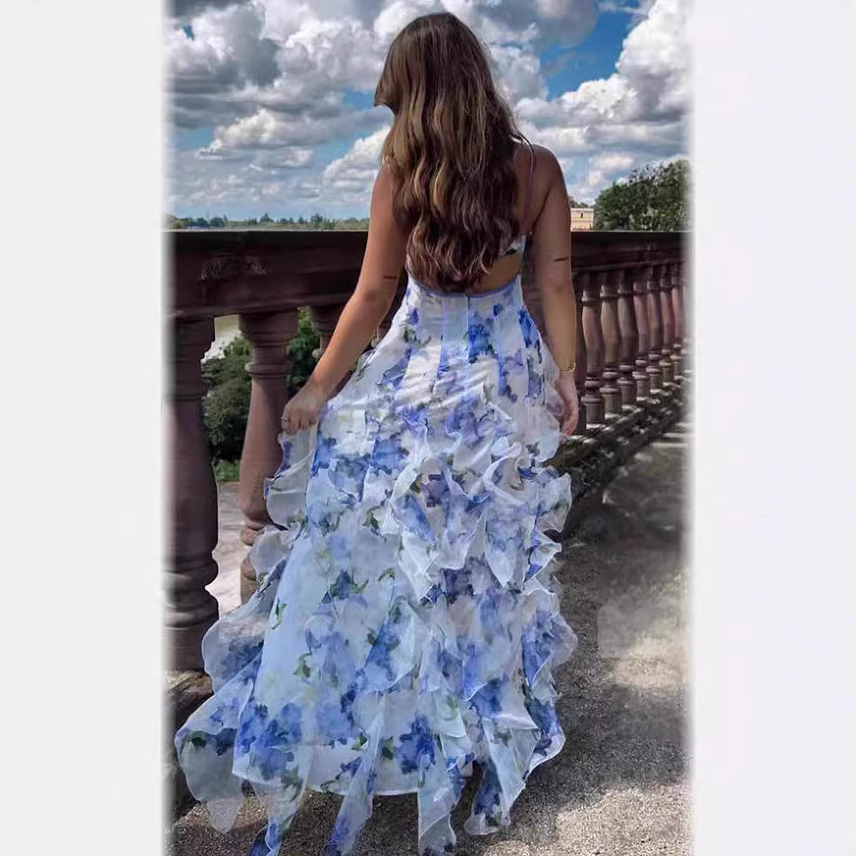 Dame maxikjole med elegante volangdetaljer og blomstret design Stilla