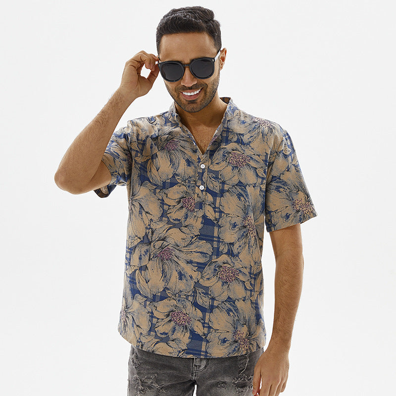 Herrer kortærmet skjorte med blomsterdesign og moderne ståkrave Stilla