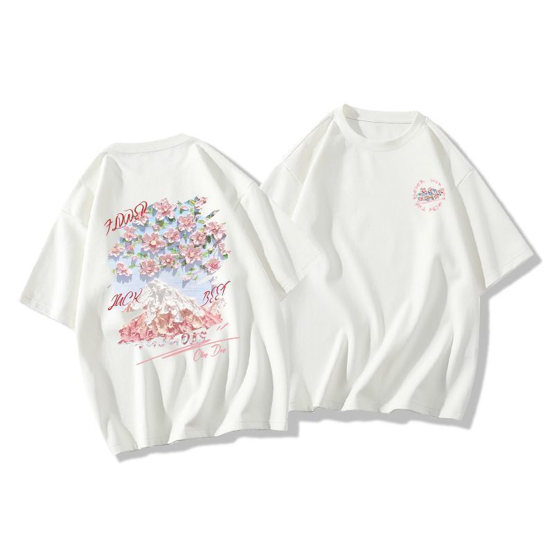 Dame T-shirt med kunstnerisk bjerg- og blomstermotiv Stilla