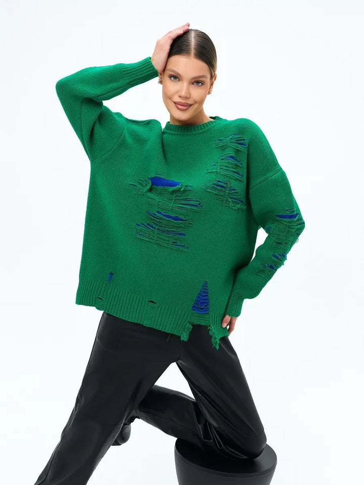 Dame Oversized Strikpullover med moderne Distressed-design og afslappede frynser Stilla