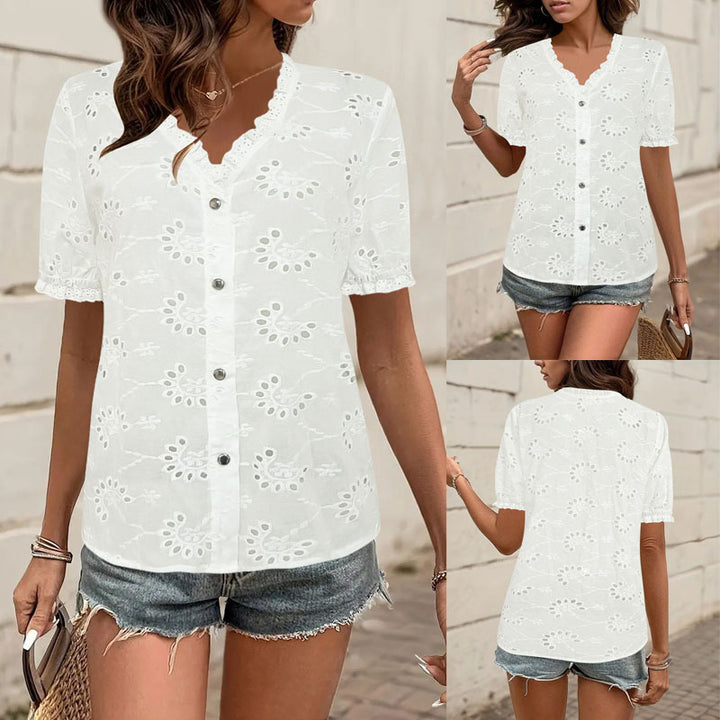 Dame luftig bluse top med elegant hulbroderi Stilla
