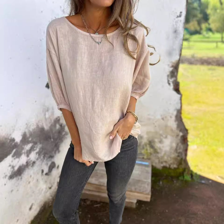 Dame Casual Linned blouse med brede ærmer og rund halsudskæring Stilla