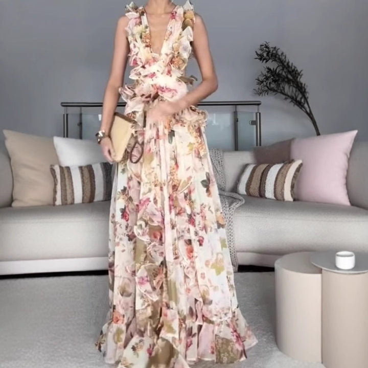 Damer Elegant Maxi Kjole med Blomster Flæser og Dyb V-Udskæring